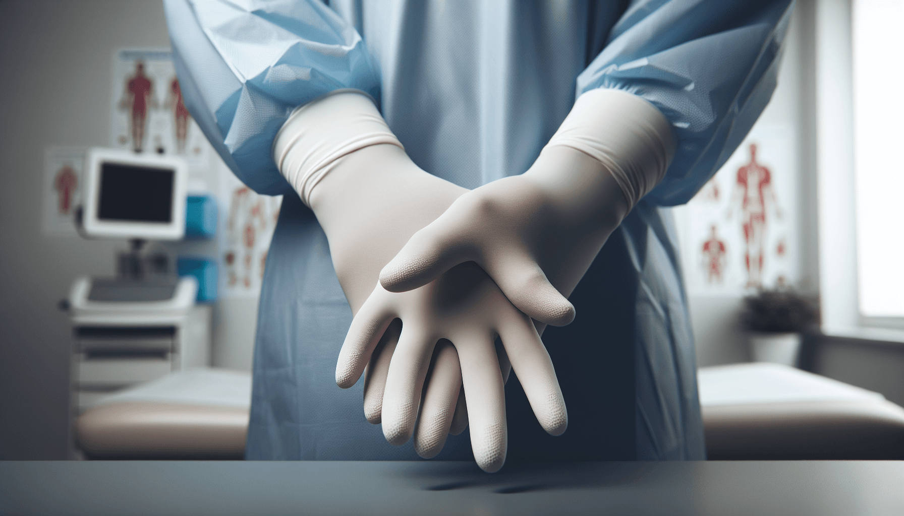 Profesional sanitario con guantes de nitrilo sin polvo en sala de exploración