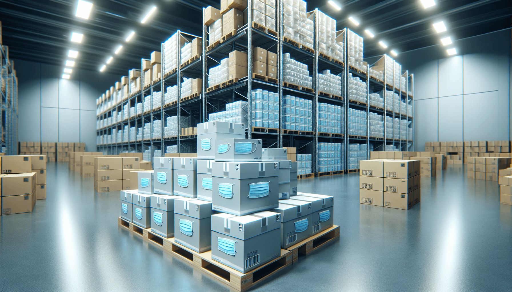 Cajas de mascarillas quirúrgicas apiladas en almacén de suministro médico