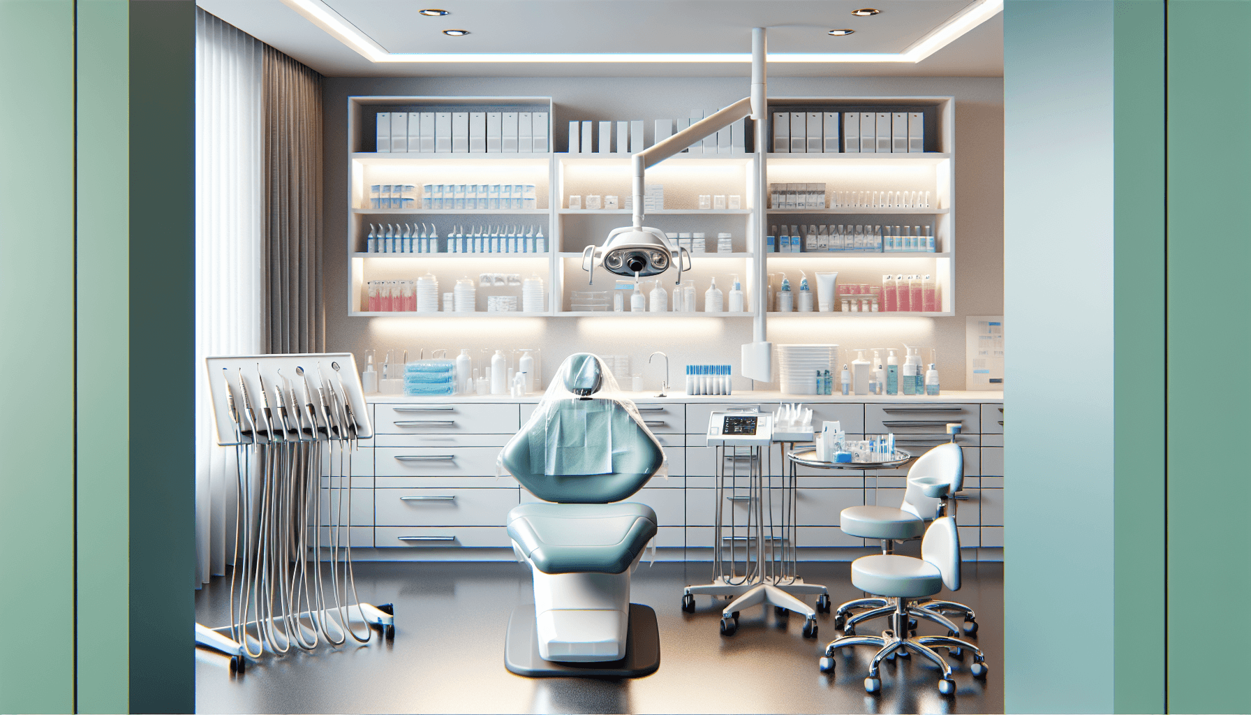 Sala de tratamiento de clínica dental moderna con material sanitario organizado