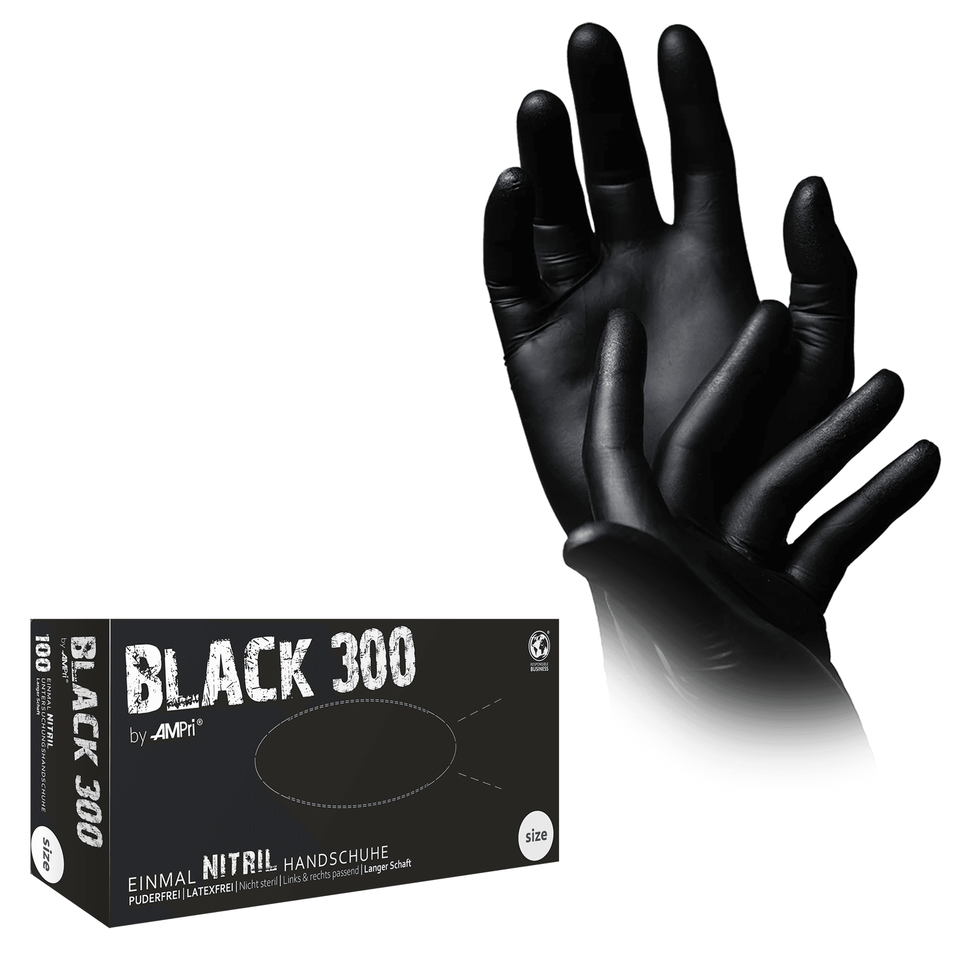 Guante de nitrilo negro Black 300 con puño largo de 300 mm — caja de 100 unidades y guantes puestos