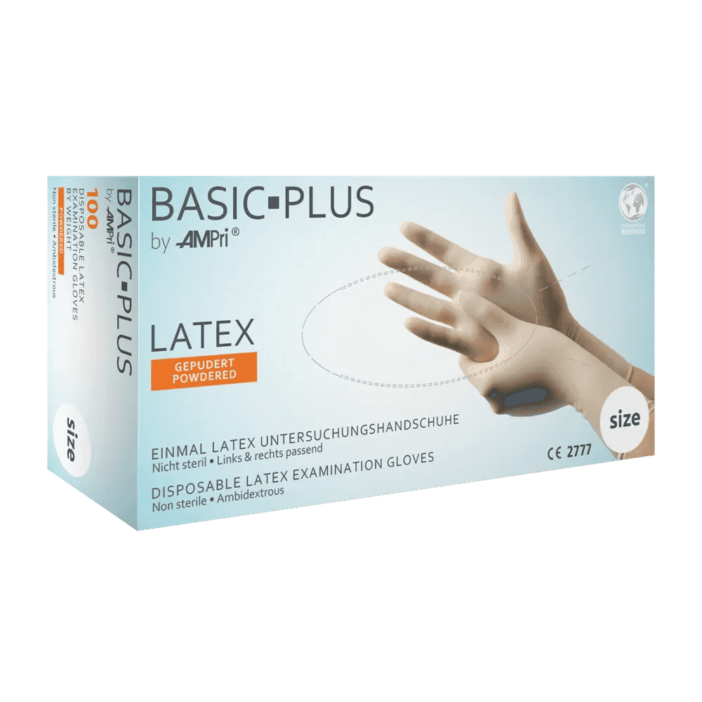 Caja dispensadora de guantes de látex Basic-Plus con polvo, 100 unidades