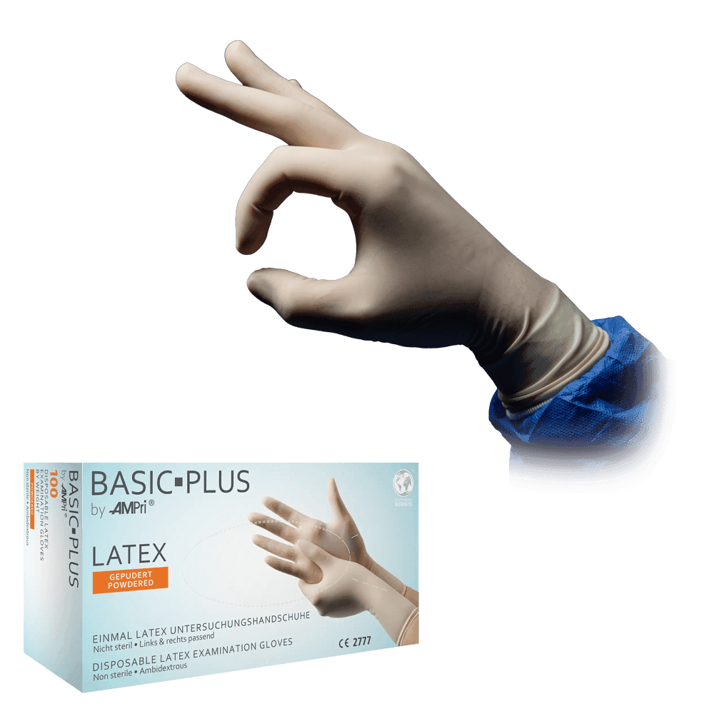 Guante de látex Basic-Plus AQL 1,5 con polvo — caja de 100 unidades y guante puesto