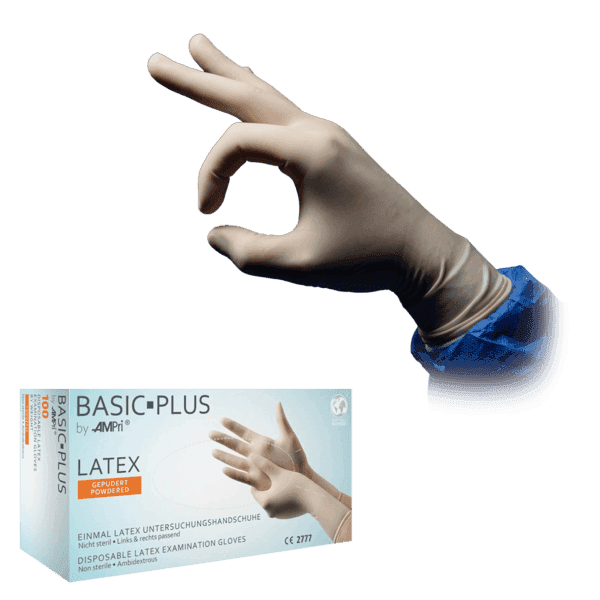 Guante de látex Basic-Plus AQL 1,5 con polvo –  100 ud | EPI cat. III PS clase I