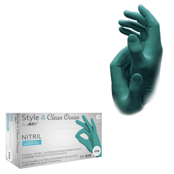 Guante nitrilo Style Clean Ocean – 100 ud – verde océano – sin polvo AQL 1,5 | EPI cat. III PS clase I