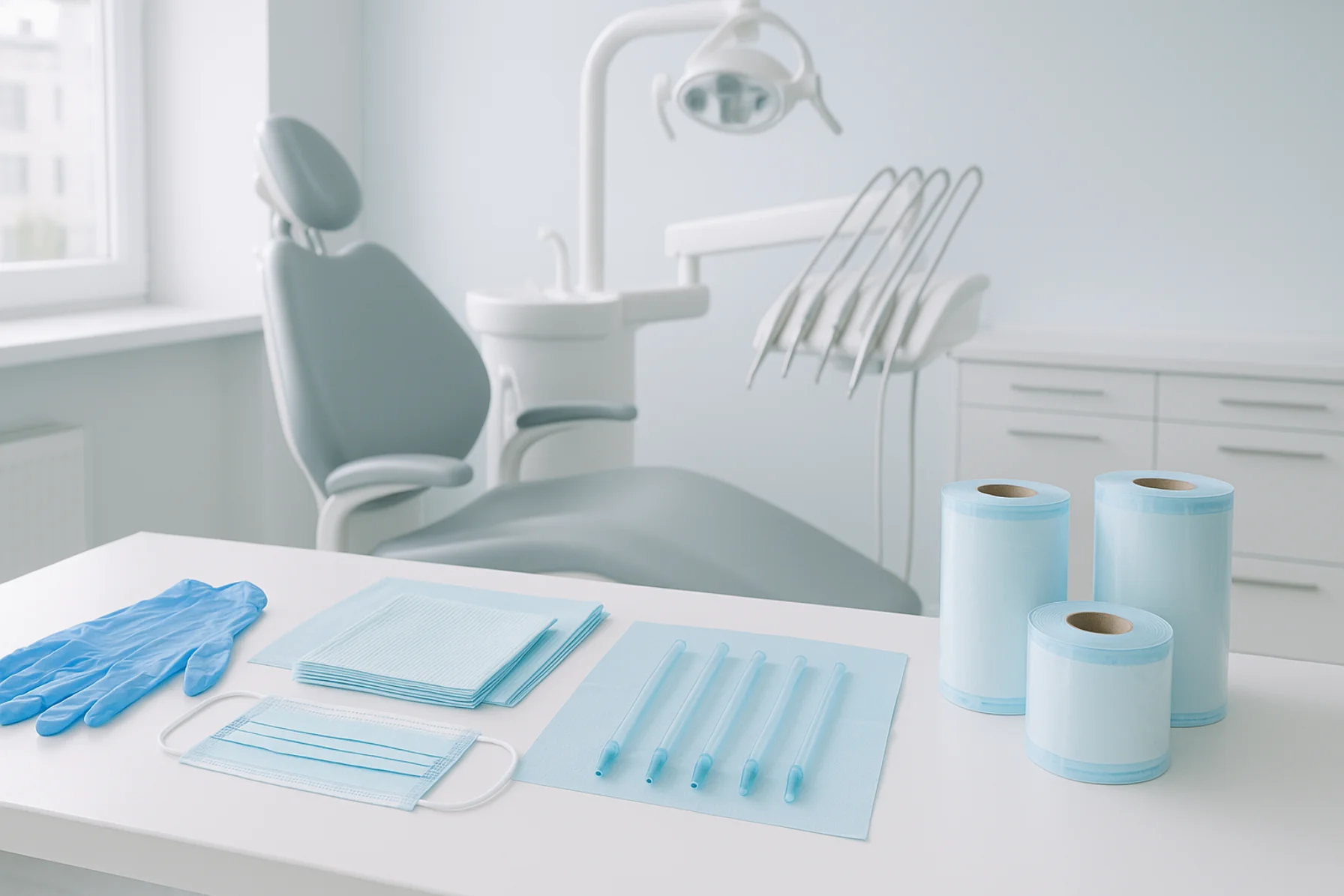Sala de tratamiento de clínica dental moderna con material desechable preparado: guantes, mascarillas y consumibles