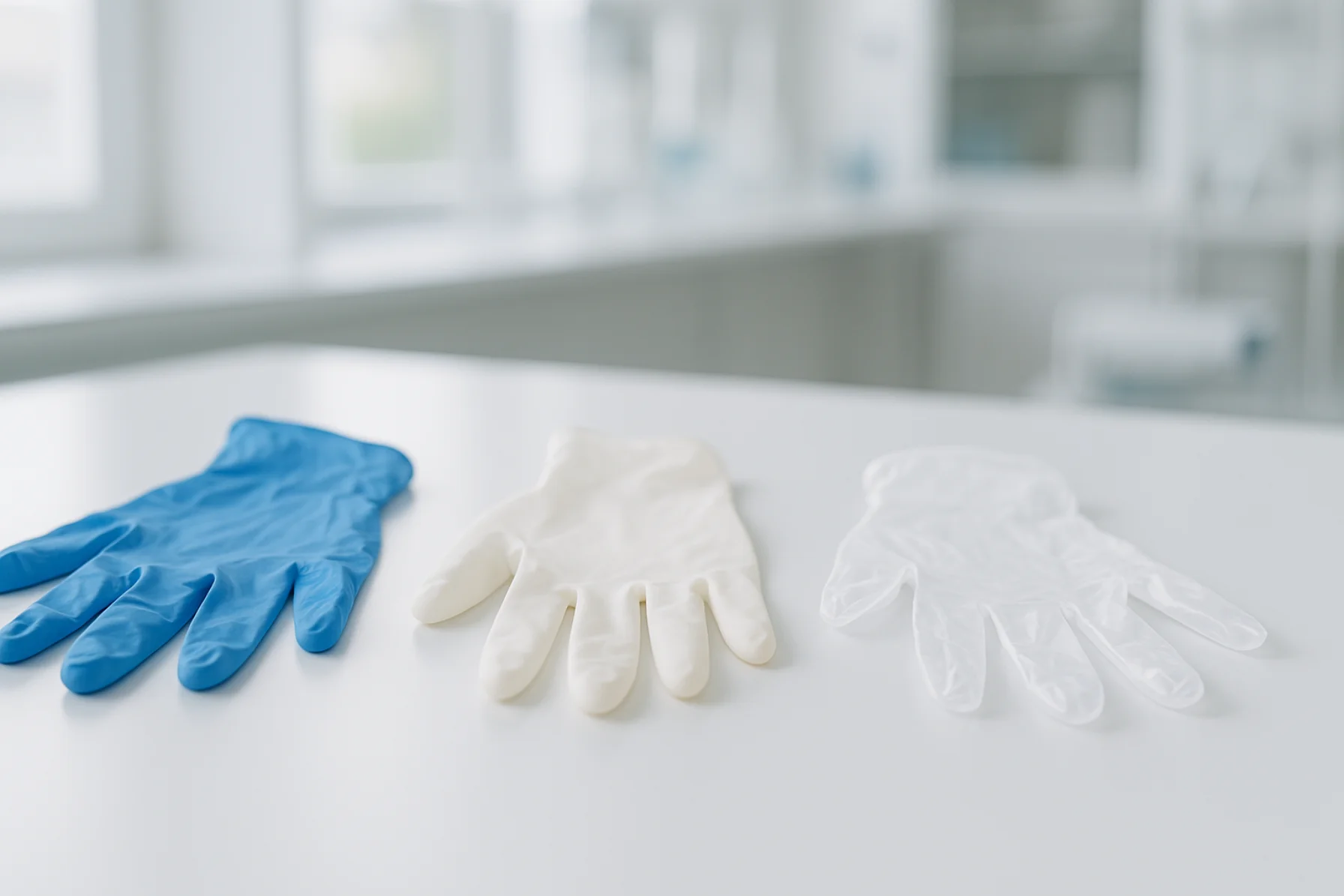 Tres tipos de guantes desechables —nitrilo azul, látex blanco y vinilo transparente— sobre superficie clínica