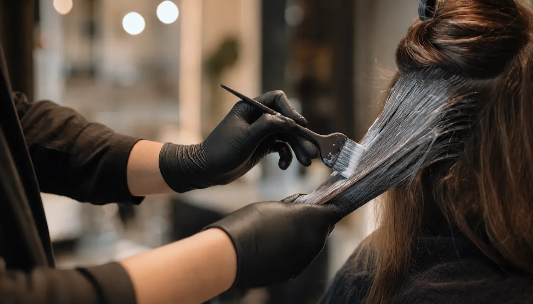 Manos de peluquero con guantes de nitrilo negro aplicando tinte capilar en un salón profesional