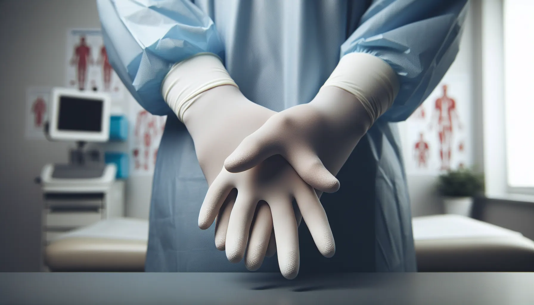 Profesional sanitario con guantes de nitrilo sin polvo en sala de exploración