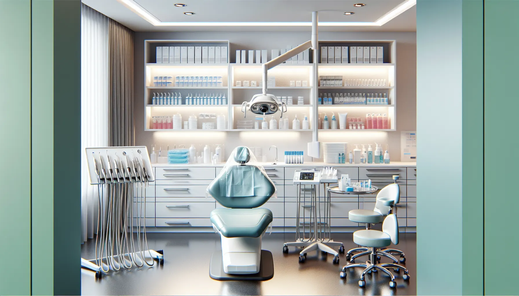 Sala de tratamiento de clínica dental moderna con material sanitario organizado