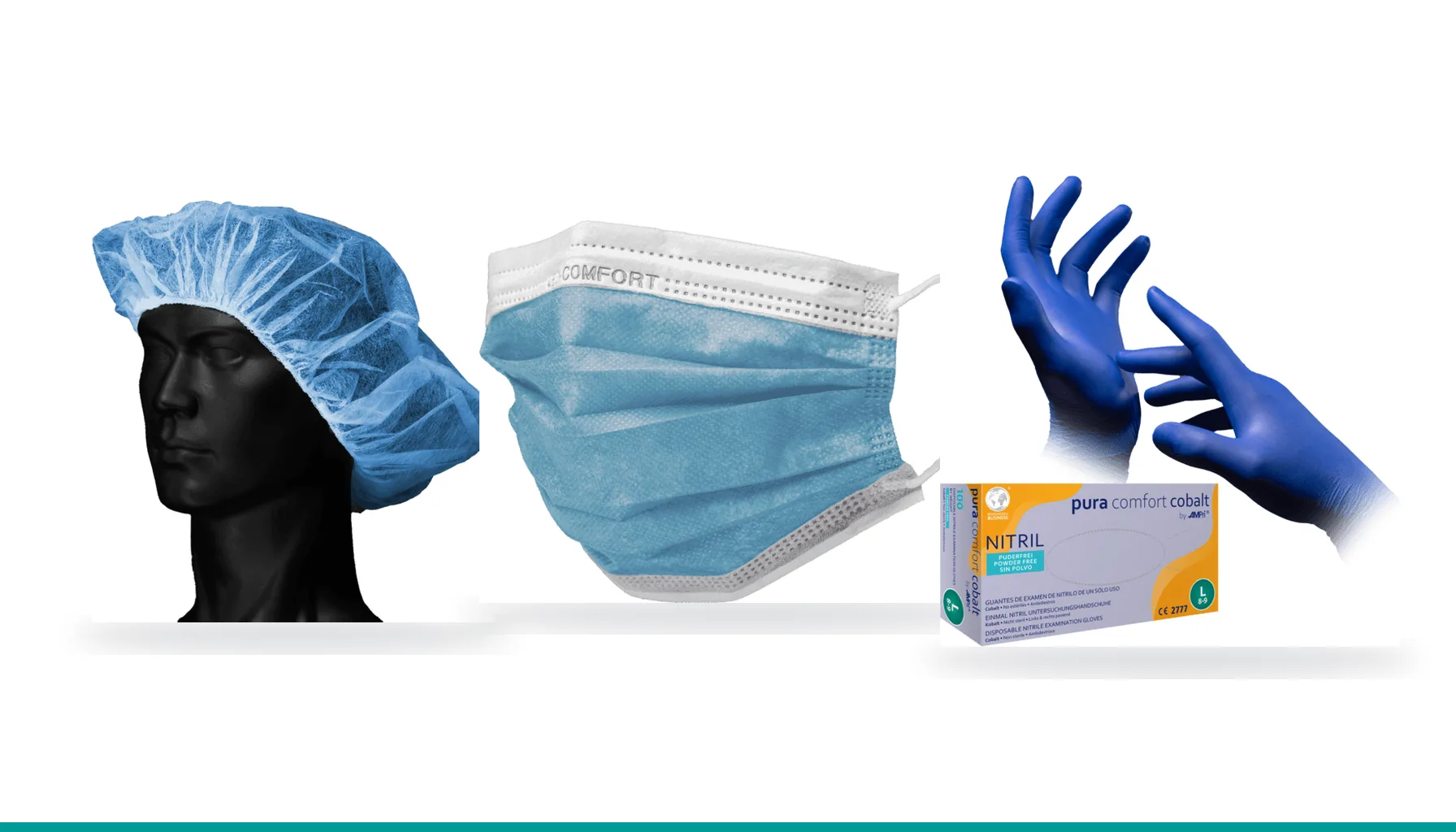 Equipos de protección individual sanitarios: gorro desechable, mascarilla quirúrgica y guantes de nitrilo