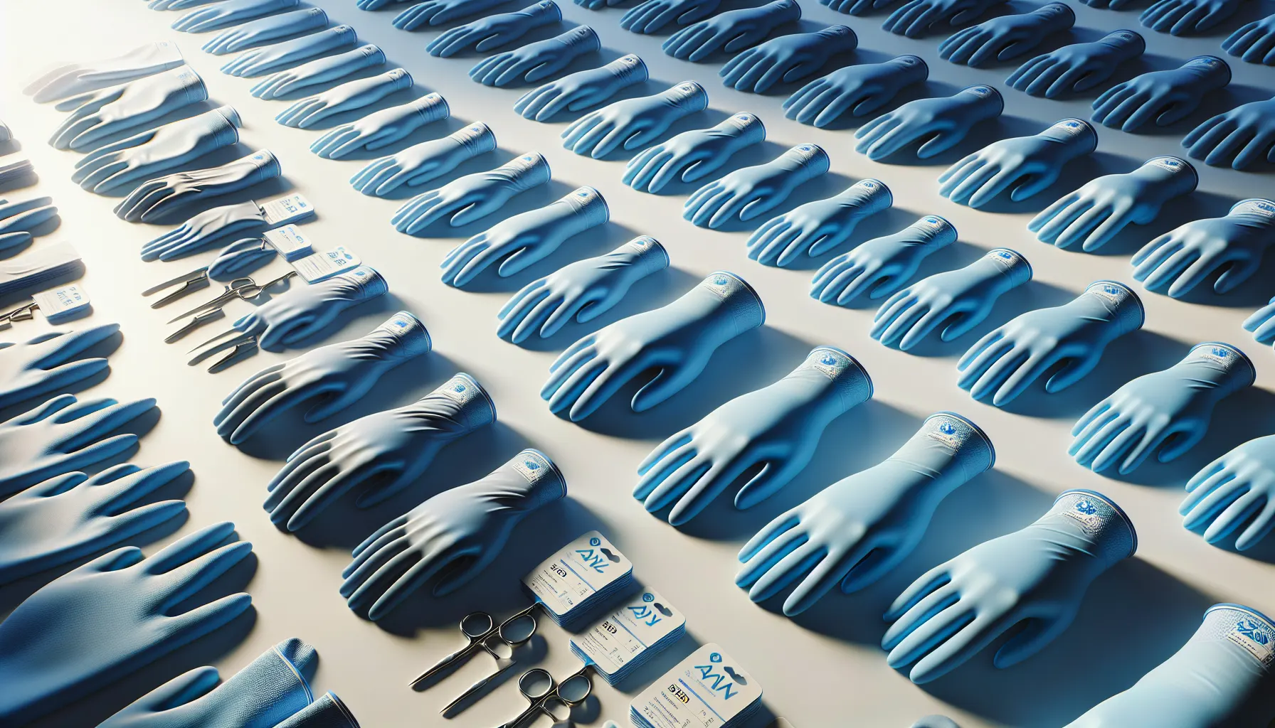 Guantes de nitrilo azul en diferentes tallas XS S M L XL sobre superficie clínica