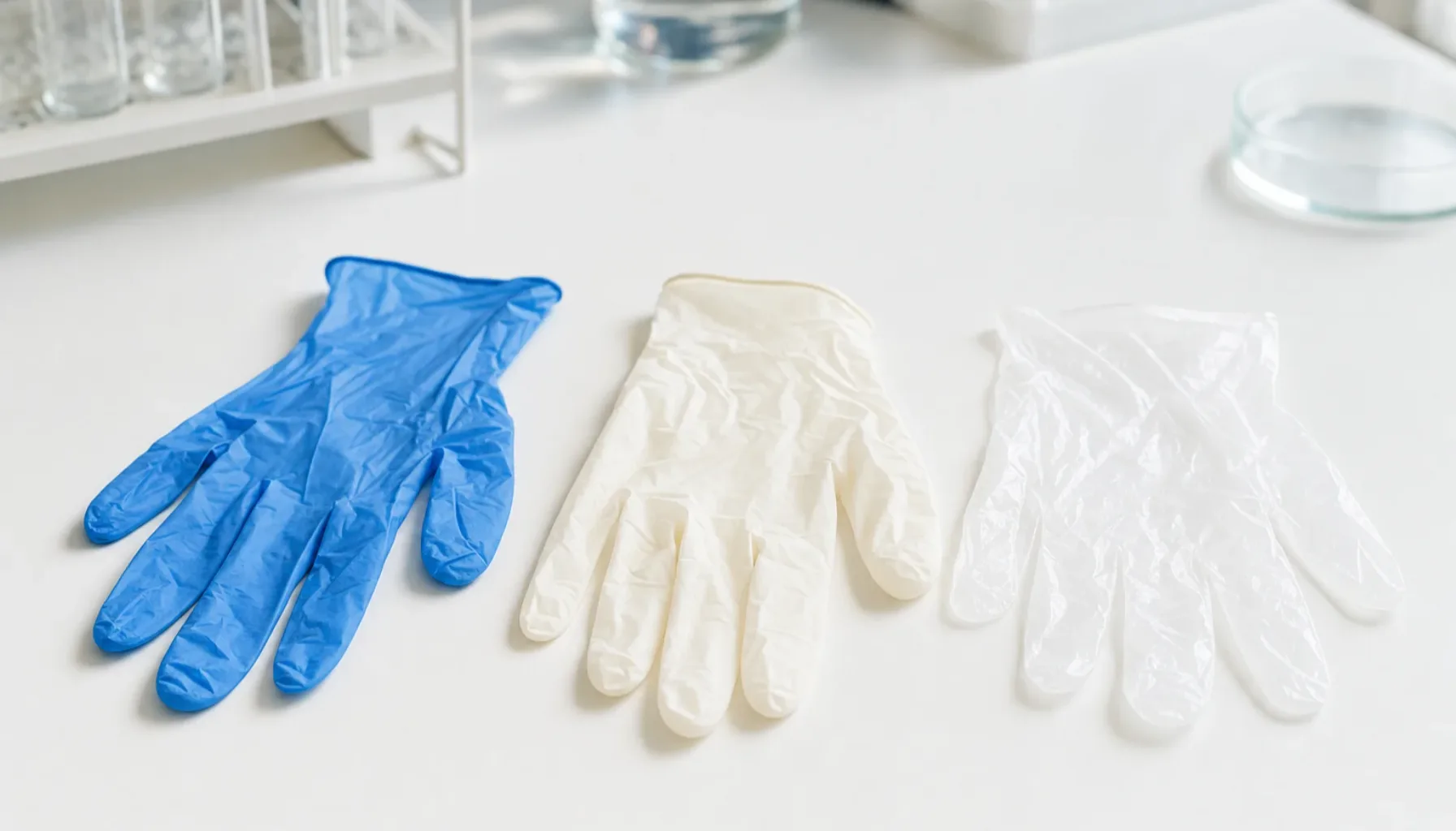 Tres tipos de guantes desechables —nitrilo azul, látex blanco y vinilo transparente— sobre superficie clínica